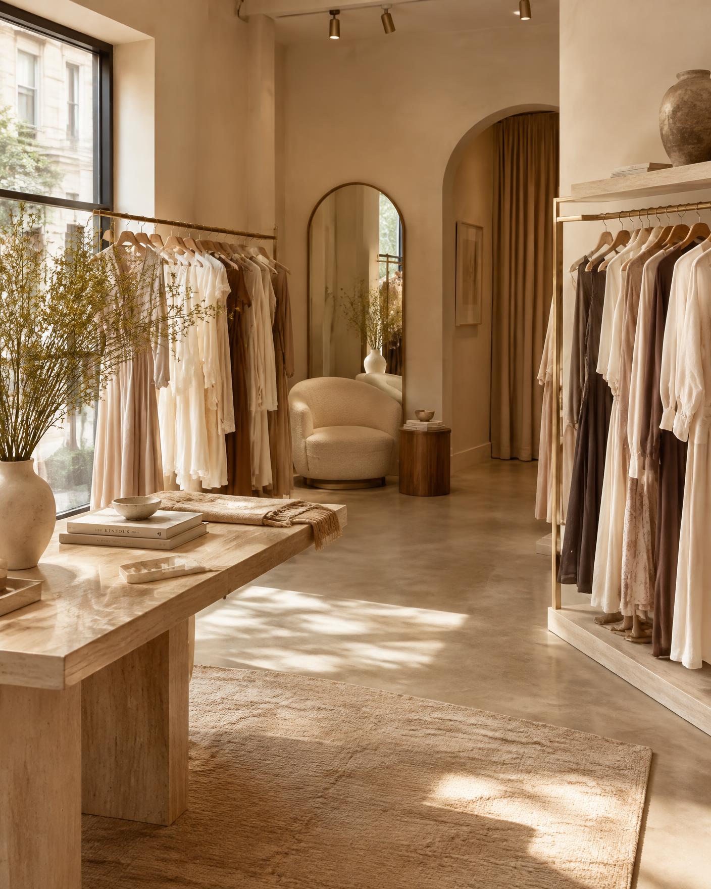 Sfeervolle winkel van Sogno Fashion met damesmode in warme tinten