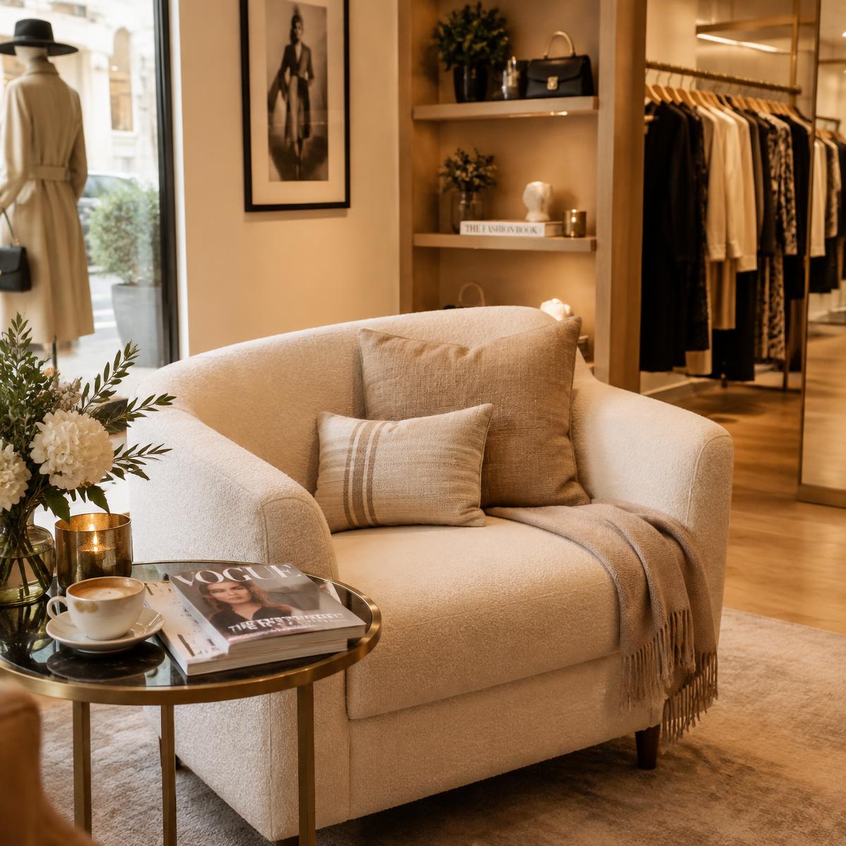 Gezellige zithoek in de winkel met een fauteuil en een kopje koffie